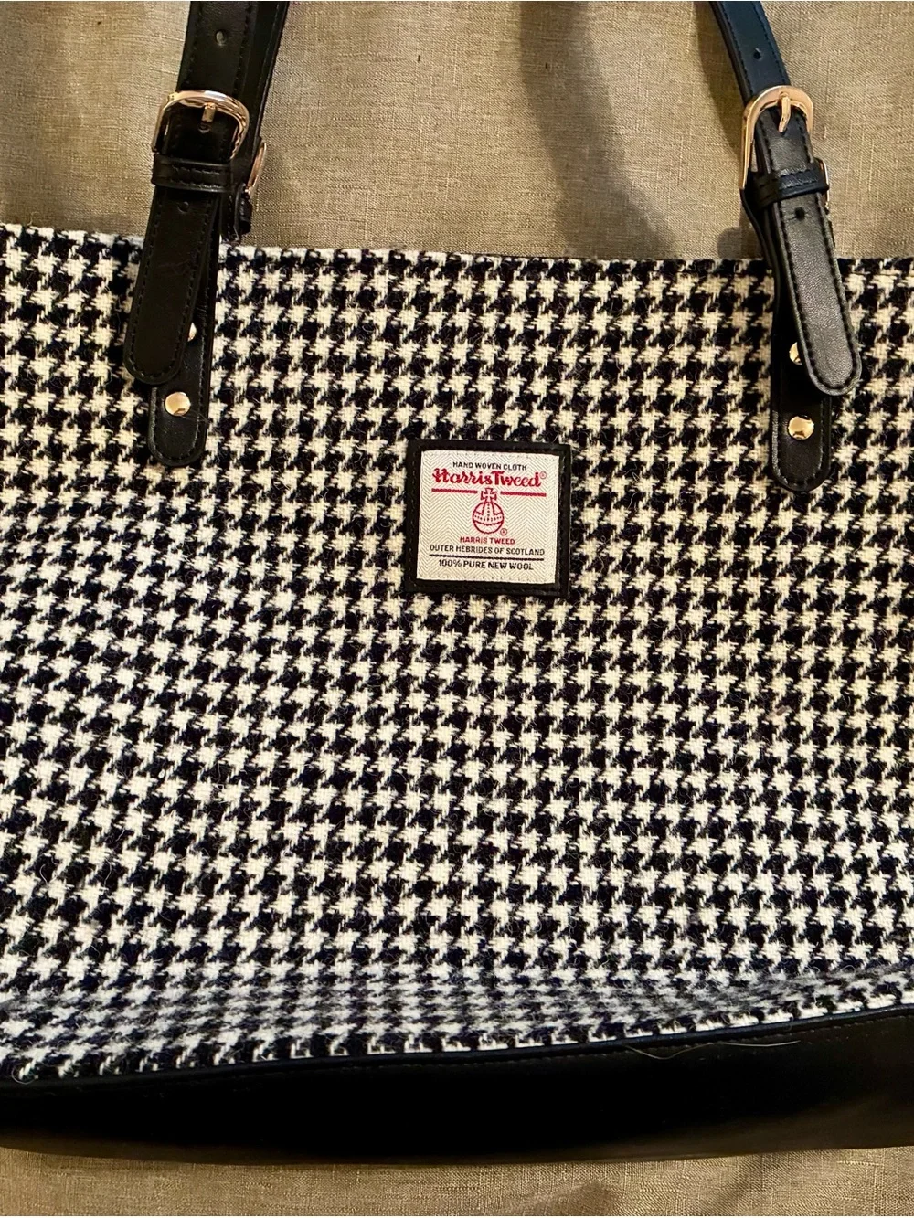 Harris Tweed 100% Pure New Wool Large Houndstooth Tote Bag - Black & White EUC